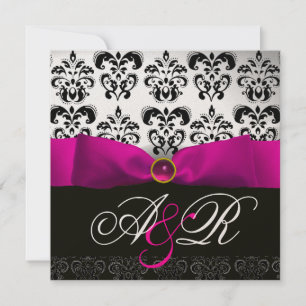 PINK FUCHSIA RIBBON WHITE BLACK DAMASK MONOGRAM EINLADUNG