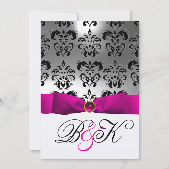 PINK FUCHSIA RIBBON WHITE BLACK DAMASK MONOGRAM EINLADUNG (Vorderseite)