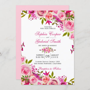 Pink Fuchsia Rose Botanische Blumenhochzeit Einladung