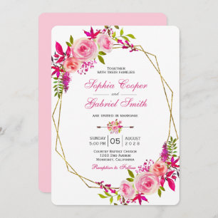 Pink Fuchsia Rose Floral Gold Frame Wedding Einladung