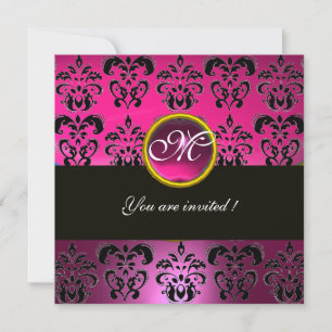 PINK FUCHSIA SCHWARZ DAMAST MONOGRAMM, Amethyst Einladung