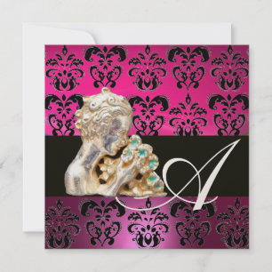 PINK, FUCHSIA, SCHWARZ, LILA, DAMASK JEWEL MONOGRA EINLADUNG