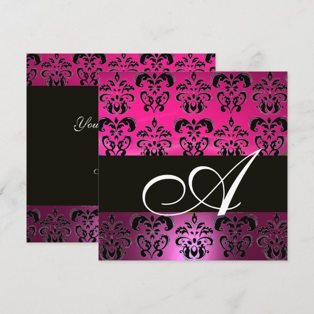 PINK, FUCHSIA SCHWARZ, LILA DAMASK WEISS MONOGRAMM EINLADUNG (Vorne/Hinten)