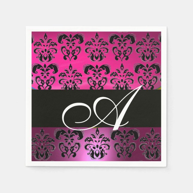 PINK, FUCHSIA SCHWARZ, LILA DAMASK WEISS MONOGRAMM SERVIETTE (Vorderseite)