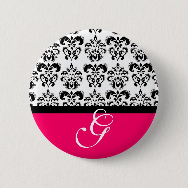 PINK FUCHSIA SCHWARZ-WEISS DAMASK WEDING MONOGRAM BUTTON (Vorderseite)