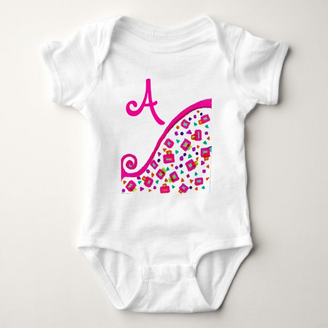 PINK FUCHSIA WHITE ABSTRAKT DEKO MONOGRAM BABY STRAMPLER (Vorderseite)