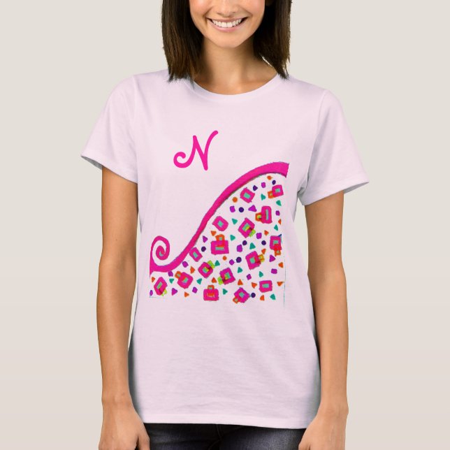 PINK FUCHSIA WHITE ABSTRAKT DEKO MONOGRAM T-Shirt (Vorderseite)