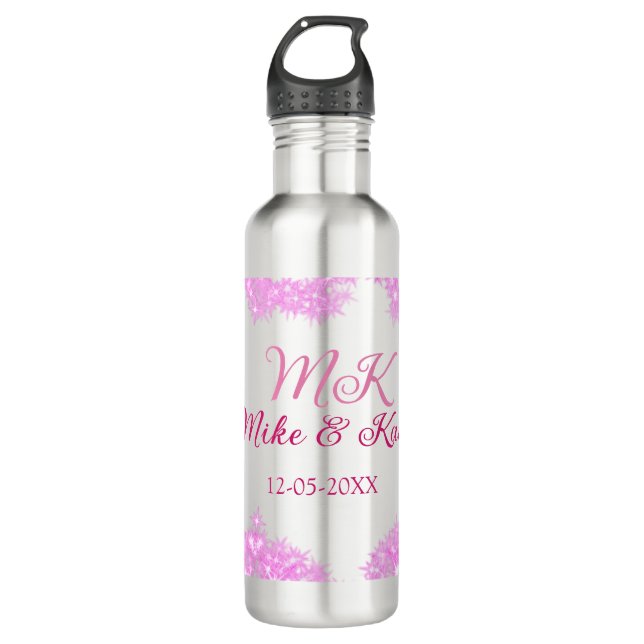 Pink fügen Sie Pärchennamen Datum monogramm Glitze Edelstahlflasche (Vorderseite)