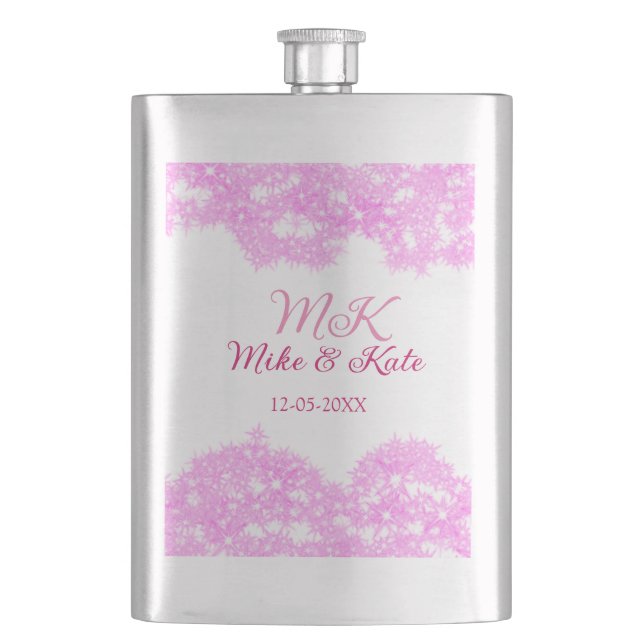 Pink fügen Sie Pärchennamen Datum monogramm Glitze Flachmann (Vorderseite)