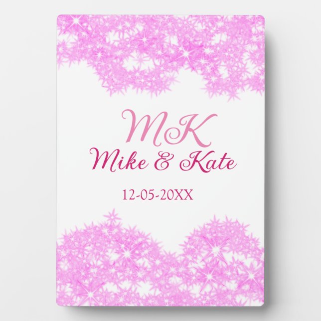 Pink fügen Sie Pärchennamen Datum monogramm Glitze Fotoplatte (Vorderseite)