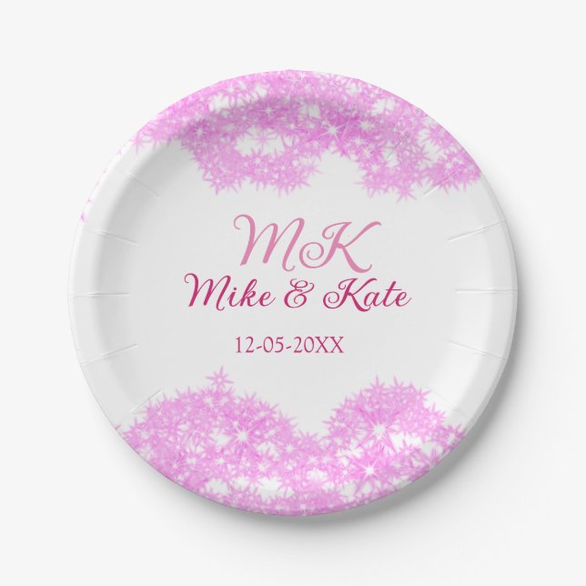 Pink fügen Sie Pärchennamen Datum monogramm Glitze Pappteller (Vorderseite)
