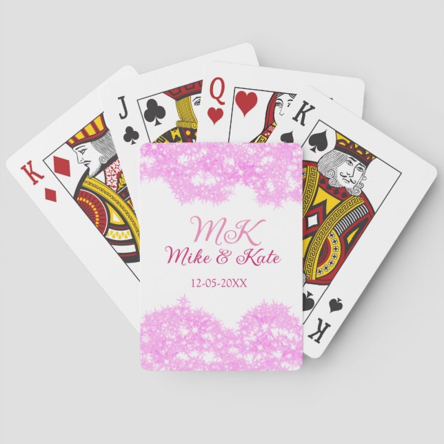 Pink fügen Sie Pärchennamen Datum monogramm Glitze Spielkarten (Rückseite)