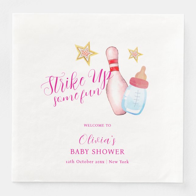 Pink Fun Strike Up Bowling Baby Shower Welcome Serviette (Vorderseite)