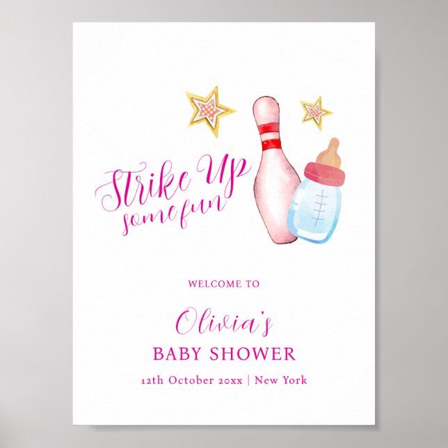 Pink Fun Strike Up Bowling Baby Shower Willkommen Poster (Vorne)