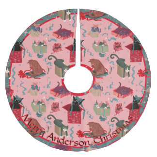 Pink Funny Cats in Christmas Boxes Personalisiert Polyester Weihnachtsbaumdecke