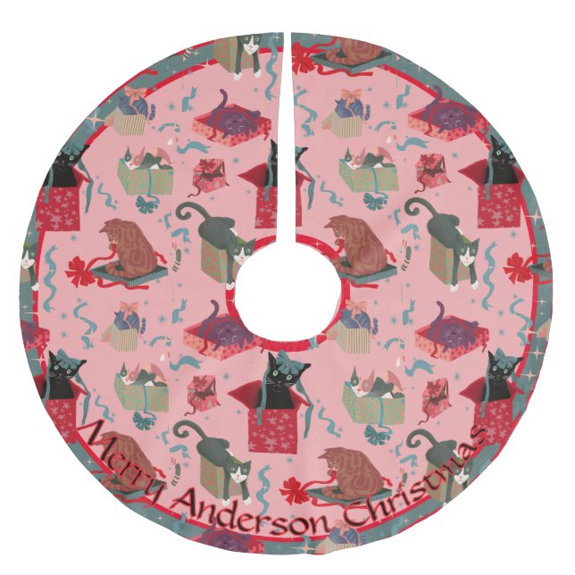 Pink Funny Cats in Christmas Boxes Personalisiert Polyester Weihnachtsbaumdecke (Vorderseite)