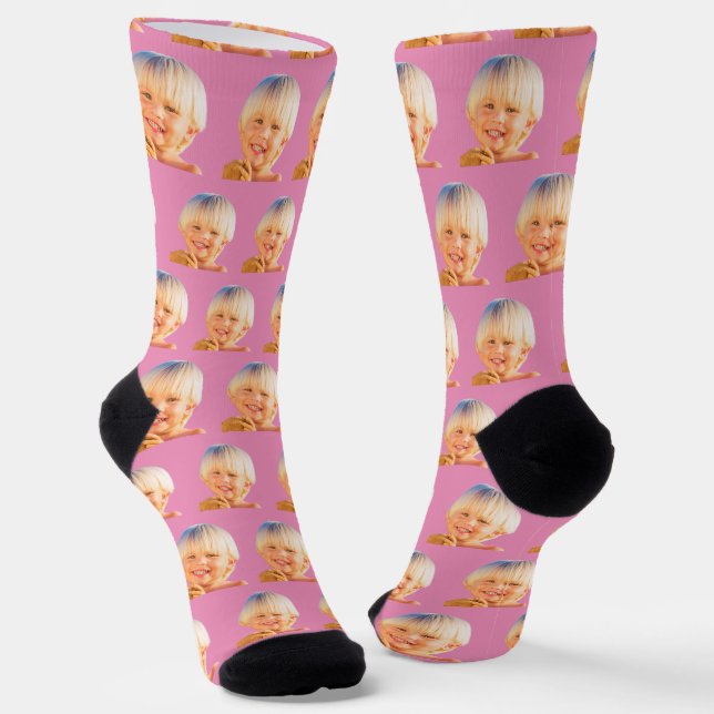Pink Funny Custom Son Face Foto Crew Socken (Gewinkelt)