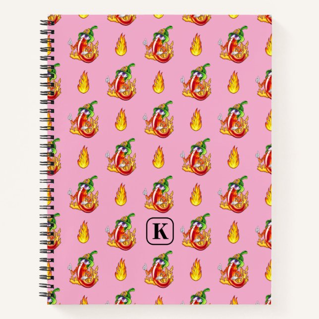 Pink Funny Firefighter Chili und Flammenmuster Notizbuch (Vorderseite)