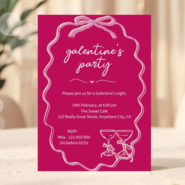 Pink Galentines Girls Night Valentine Einladung (Pink Galentine Party Invitation Whilsical Hand Drawn Invite)