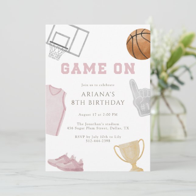 Pink Game On Basketball Birthday Jersey Watercolor Einladung (Stehend Vorderseite)