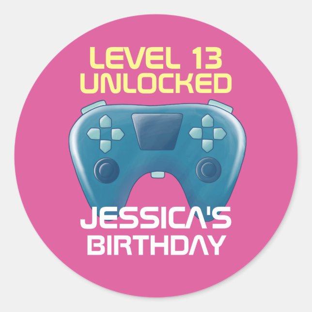 Pink Gamer Girl Gaming Level Uncked Birthday Runder Aufkleber (Vorderseite)