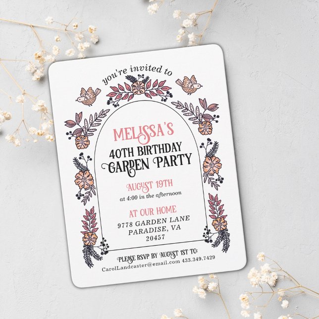 Pink Garden Party 40. Geburtstag Einladung (Cute pink floral garden party birthday invitation.)