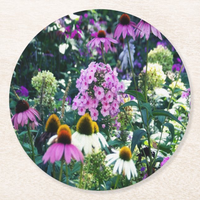 Pink Garden Phlox Landschaft mit Kone-Blume Runder Pappuntersetzer (Vorderseite)
