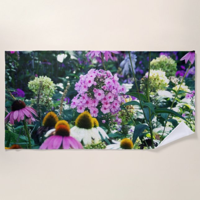 Pink Garden Phlox Landschaft mit Kone-Blume Strandtuch (Vorderseite)