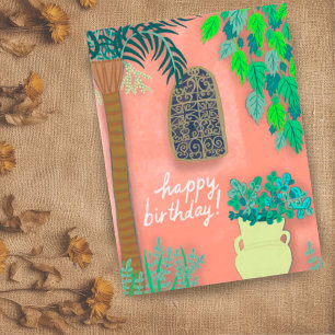 Pink Gartenwand exotische Palme HERZLICHEN GLÜCKWU Postkarte
