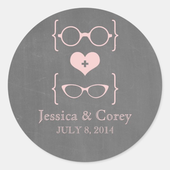Pink Geeky Glasses Chalkboard Wedding Stickers (Vorderseite)