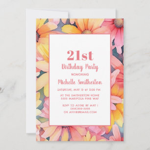 Pink Gelb Orange Aquarell Blumen 21. Geburtstag Einladung