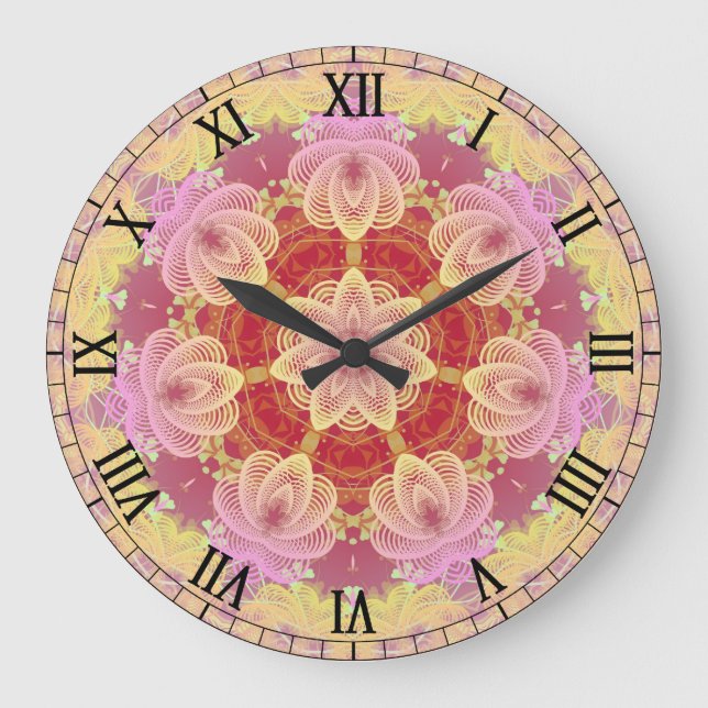 Pink & Gelb Pastell Gyro Fraktale Wall Clock Große Wanduhr (Vorderseite)