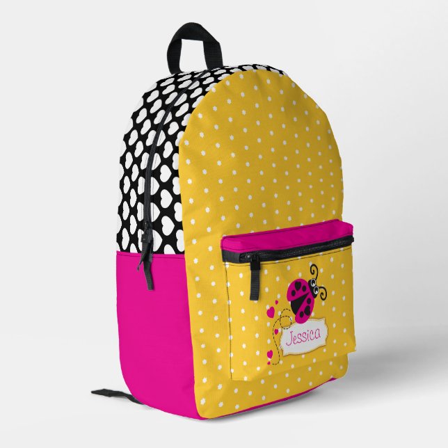 Pink & gelb polka dot & ladybug name bedruckter rucksack (Rückseitige Ecke links)