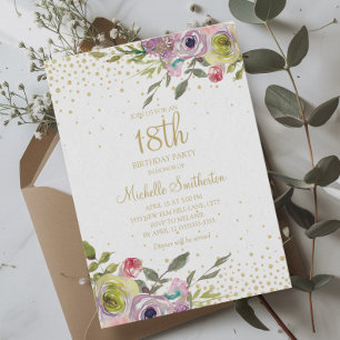 Pink Gelbe Blumen Gold Glitter 18. Geburtstag Einladung