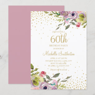 Pink Gelbe Blumen Gold Glitter 60. Geburtstag Einladung