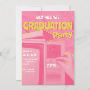 Pink-gelbe Retro-Graduierungsparty Einladung