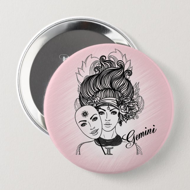 Pink Gemini Masked Lady Zodiac Personal Button (Vorne & Hinten)