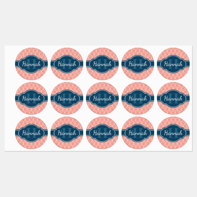 Pink Geometric Diamond Muster Blue Monogram Etiketten (Blatt)