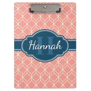 Pink Geometric Diamond Muster Blue Monogram Klemmbrett
