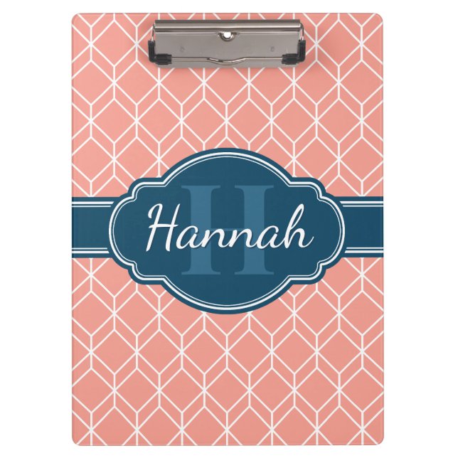 Pink Geometric Diamond Muster Blue Monogram Klemmbrett (Vorderseite)