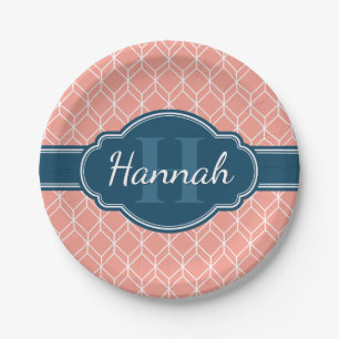 Pink Geometric Diamond Muster Blue Monogram Pappteller