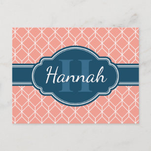 Pink Geometric Diamond Muster Blue Monogram Postkarte