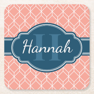 Pink Geometric Diamond Muster Blue Monogram Rechteckiger Pappuntersetzer