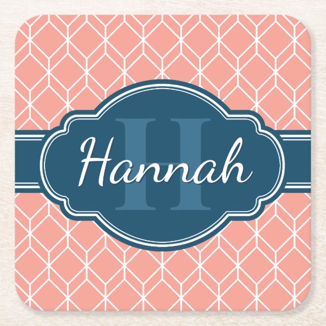 Pink Geometric Diamond Muster Blue Monogram Rechteckiger Pappuntersetzer (Vorderseite)