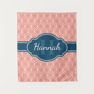 Pink Geometric Diamond Muster Blue Monogram Wandteppich