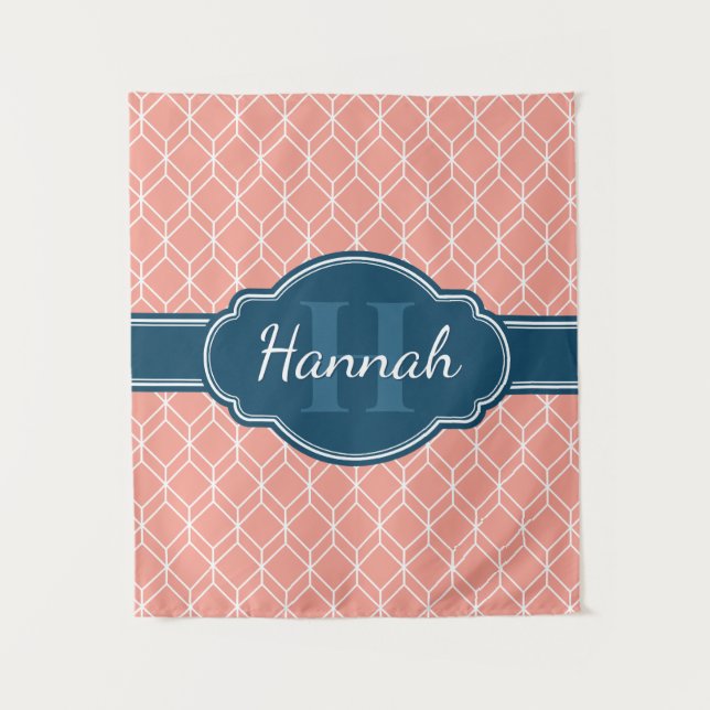 Pink Geometric Diamond Muster Blue Monogram Wandteppich (Vorderseite)
