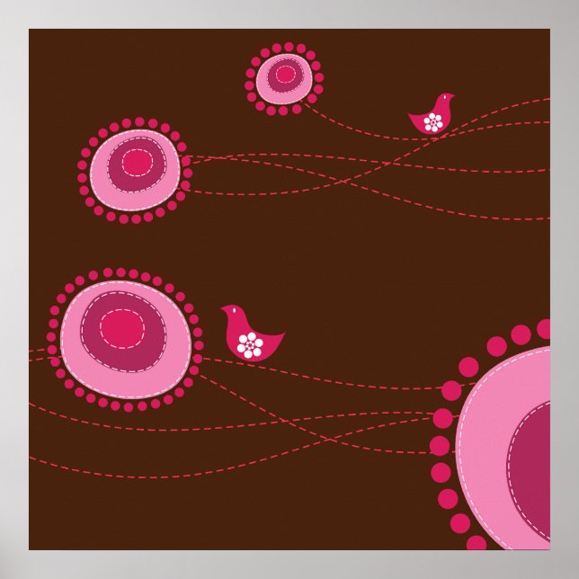 Pink gepunktete Blume und Happy Birds Poster (Vorne)