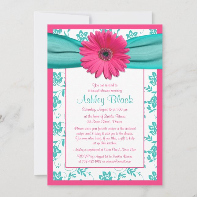 Pink Gerber Daisy Aqua Bridal Dusche Einladung (Vorderseite)