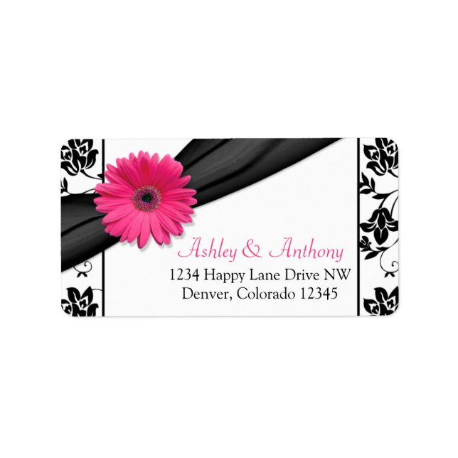 Pink Gerber Daisy Black Damask Wedding Address Adressaufkleber (Vorne)