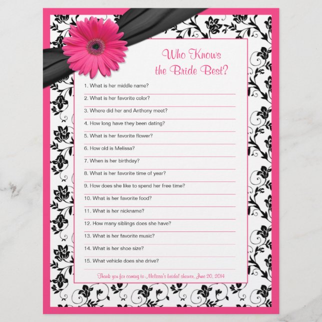 Pink Gerber Daisy Black Floral Brautparty Game (Vorderseite)